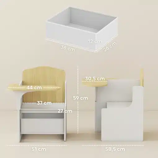 Laste kirjutuslaud ja tool panipaigaga 2 ühes komplekt | E-pood Tootemaailm Valge laste laud sahtliga, puidutooni lauaplaadi ja mõõtudega 51 × 58,5 × 59 cm