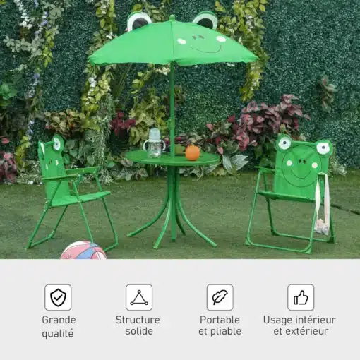 Laste aiamööbli komplekt laua, 2 klapitava tooli ja päikesevarjuga | E-pood Tootemaailm Roheline konnakujuline laste aiamööbli komplekt laua, kahe tooli ja päikesevarjuga
