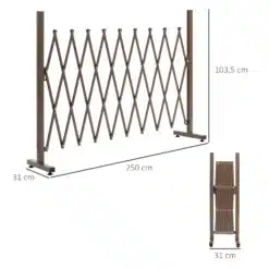 Pruun kokkupandav veniv tõke mõõtudega 250 × 103,5 cm, kokkupanduna 31 cm lai