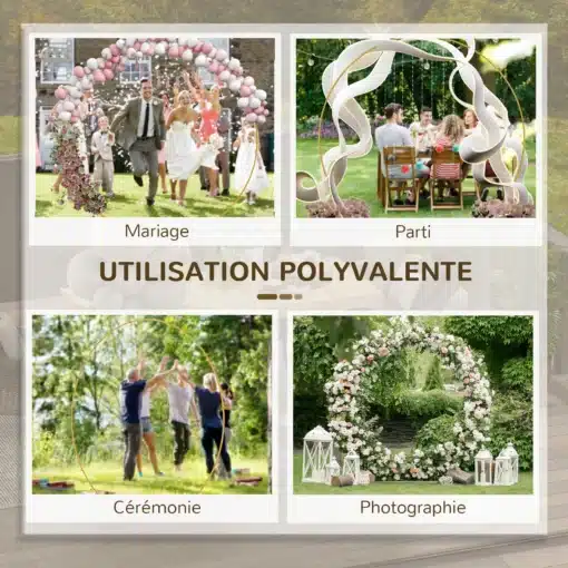 Poolkuu kujuline peokaare raam pulmadeks ja üritusteks | E-pood Tootemaailm Mitmekülgse dekoratiivkaare kasutusnäited pulmas, peol, tseremoonial ja fotosessioonil