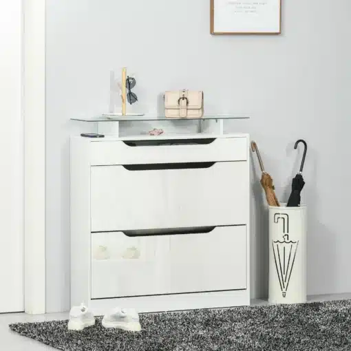 Jalatsikapp klappustega ja sahtliga 89 x 23 x 96 cm | E-pood Tootemaailm Valge kolme sahtliga jalanõudekapp klaasist pealispinna ja vihmavarjuhoidjaga esikus