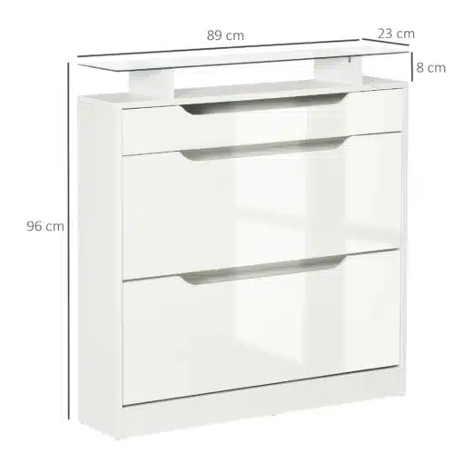 Jalatsikapp klappustega ja sahtliga 89 x 23 x 96 cm | E-pood Tootemaailm Valge kapp kolme esiosaga ja ülemise riiuliga, mõõtmed 89 × 23 × 96 cm