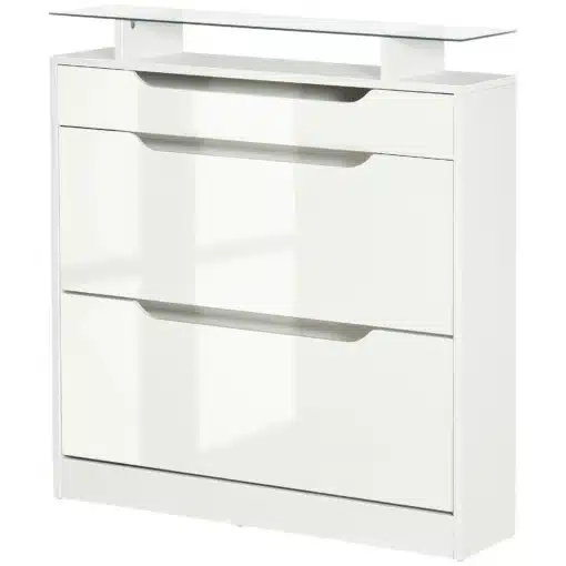 Jalatsikapp klappustega ja sahtliga 89 x 23 x 96 cm | E-pood Tootemaailm Valge kapp kolme sahtli ja klaasist ülaosaga
