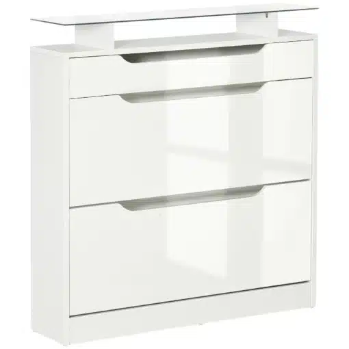 Jalatsikapp klappustega ja sahtliga 89 x 23 x 96 cm | E-pood Tootemaailm Valge kolmeosalise esikukapi ja klaasriiuliga panipaigakapi eestvaade