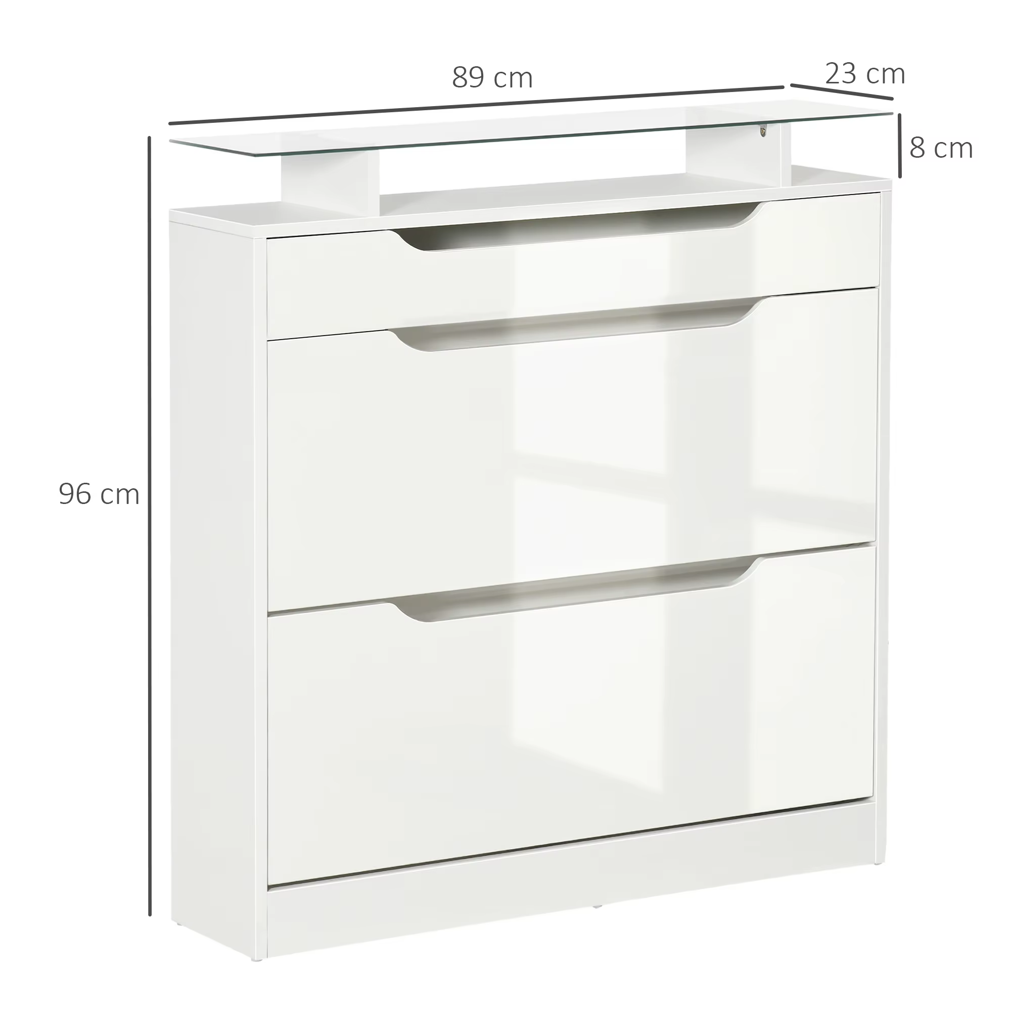 Valge kõrgläikega kolme sahtliga kummut klaasriiuliga, mõõdud 89 × 23 × 96 cm