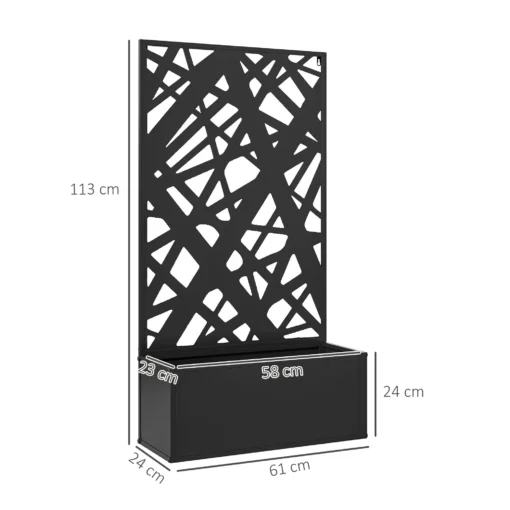 Metallist privaatsussirm sisseehitatud istutuskastiga 61 x 113 cm | E-pood Tootemaailm Musta dekoratiivse geomeetrilise mustriga kast ja püstine paneel, mõõtudega 113 × 61 × 24 cm