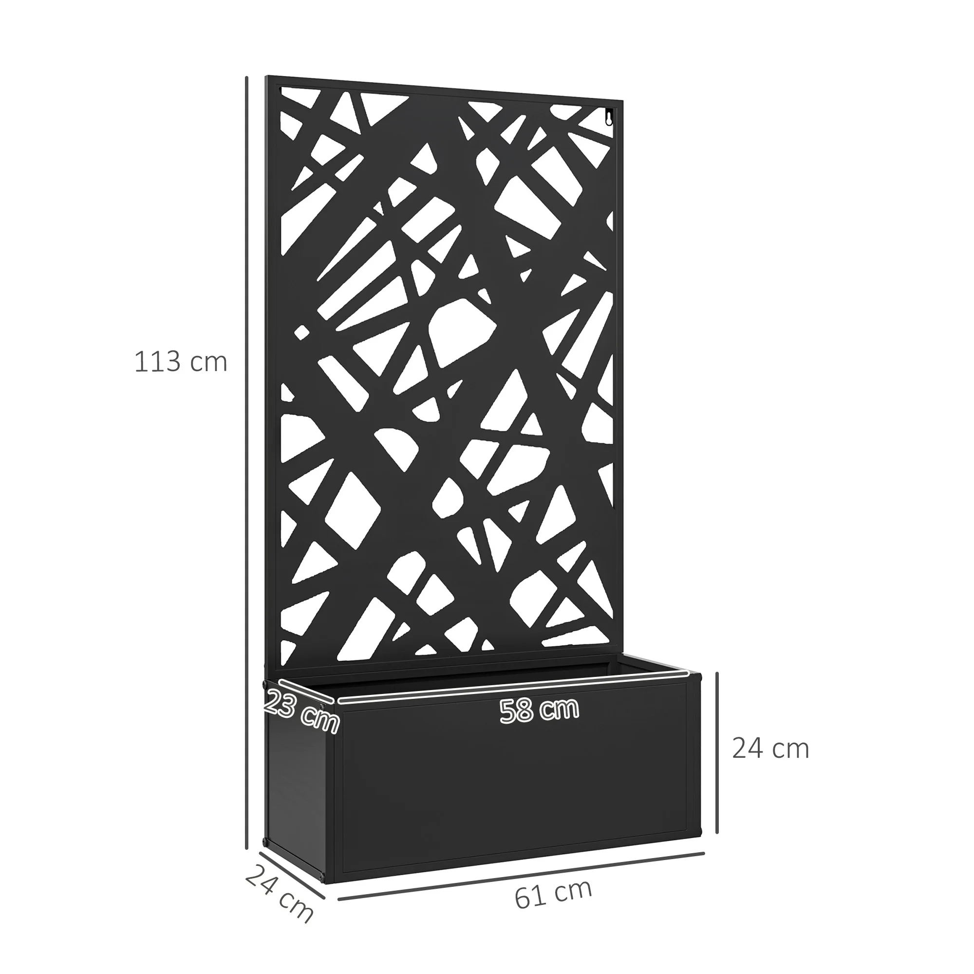 Musta dekoratiivse geomeetrilise mustriga kast ja püstine paneel, mõõtudega 113 × 61 × 24 cm