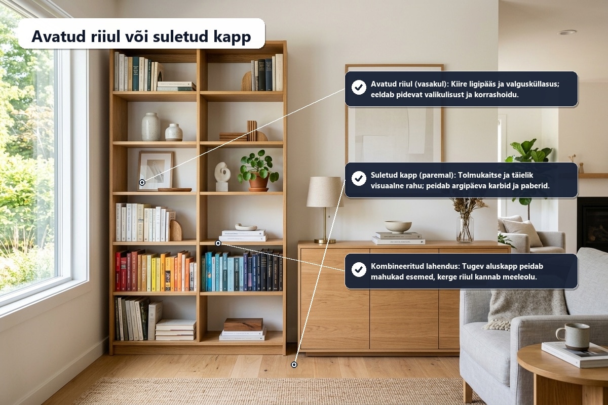 Avatud riiul või suletud kapp? Praktiline võrdlus | E-pood Tootemaailm Avatud puidust raamaturiiul ja suletud kapp kõrvuti valgusküllases elutoas