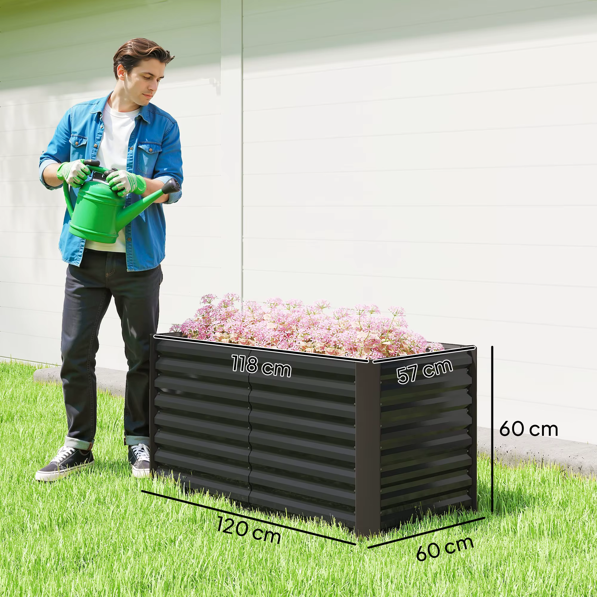 Must aiapeenar mõõtudega 120 x 60 x 60 cm, mees kastab kõrval lilli
