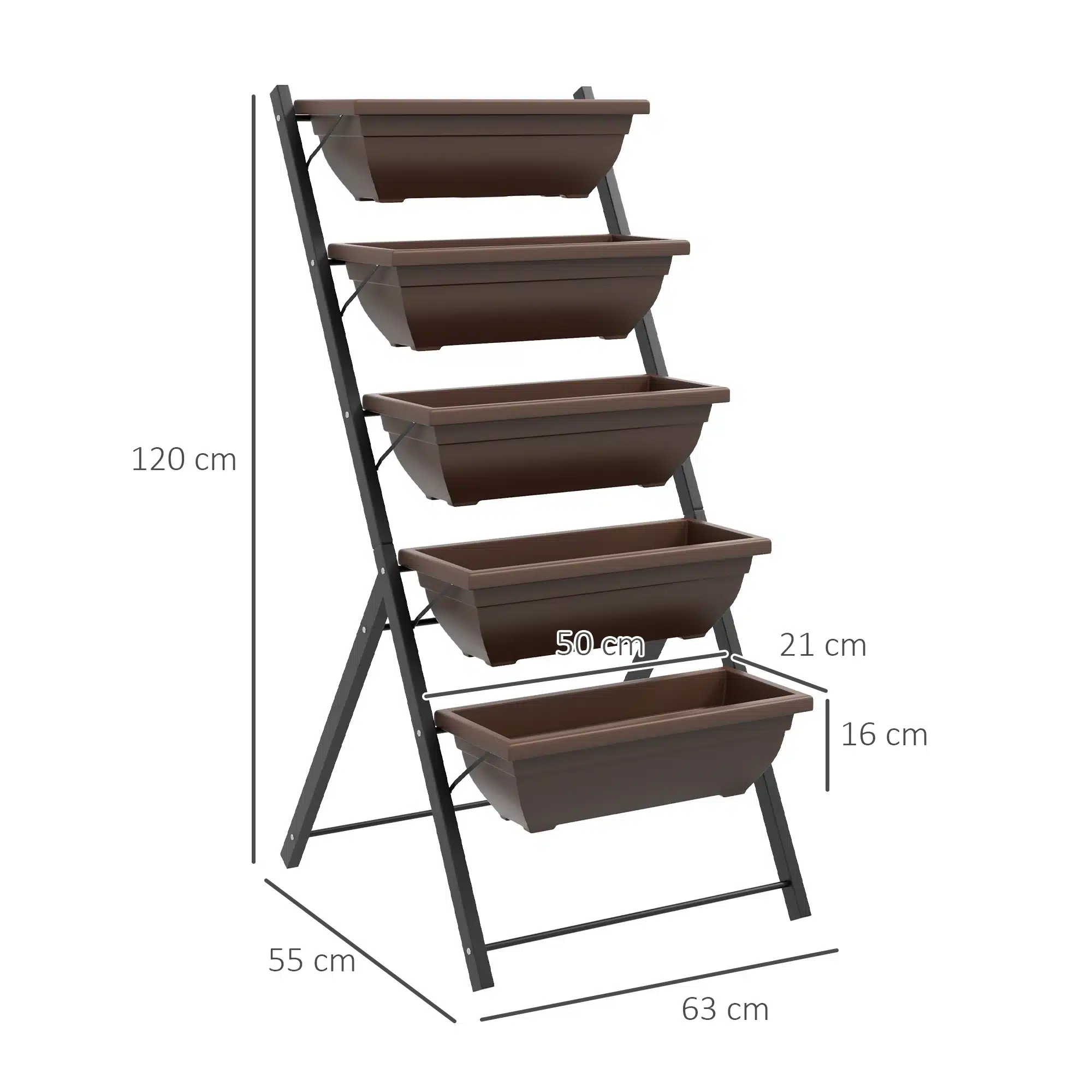 Viie pruuni istutuskastiga must metallraamiga vertikaalne taimehoidja, kõrgus 120 cm