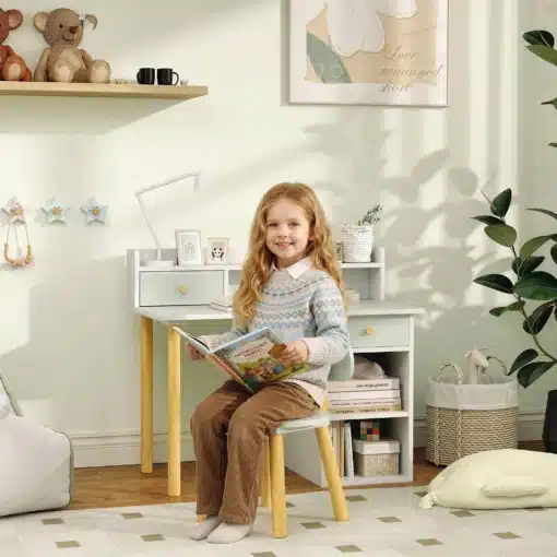 Laste kirjutuslaud ja tool kahe sahtli ning riiulitega | E-pood Tootemaailm Laste kirjutuslaud ja tool kahe sahtli ning riiulitega