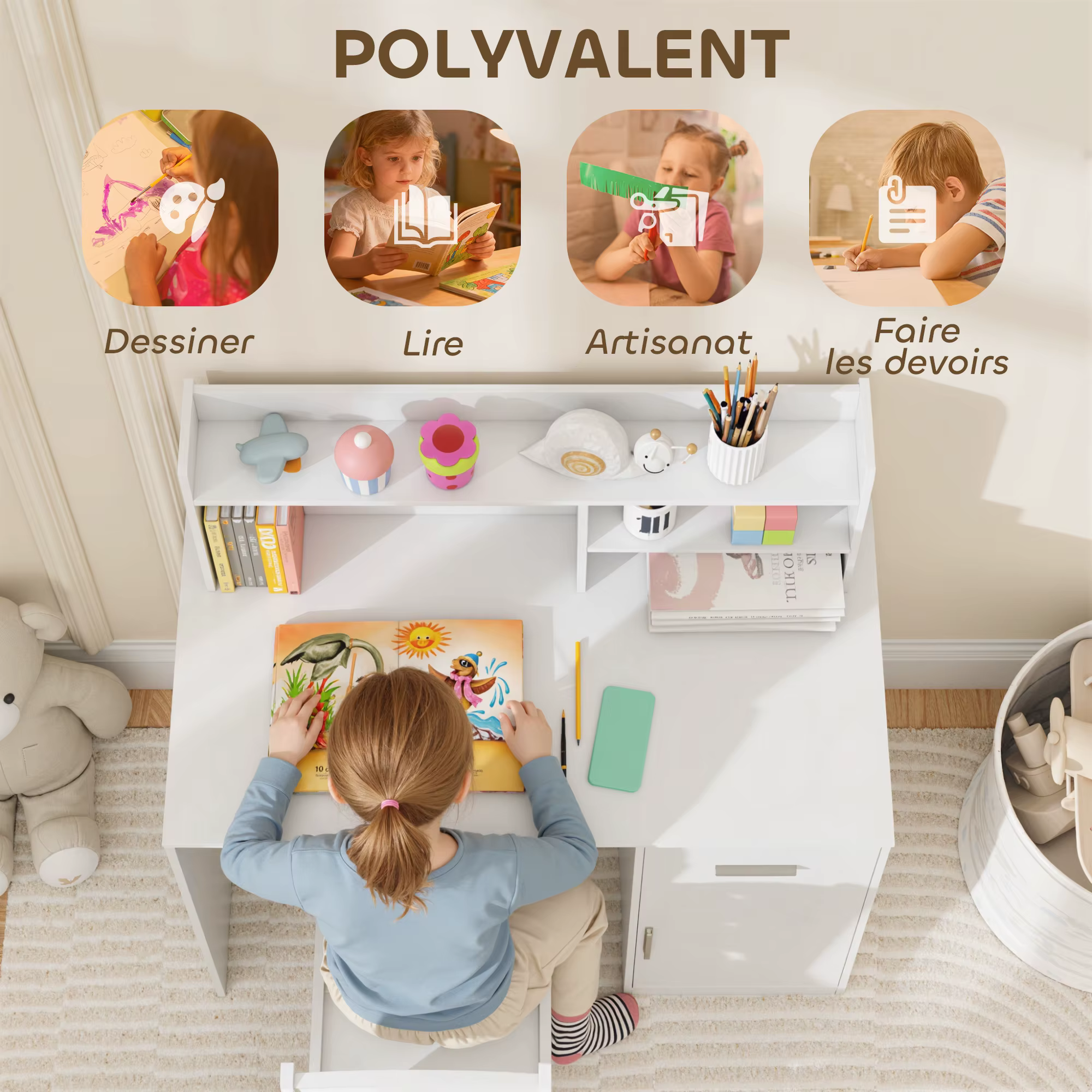 Laste kirjutuslaud ja tool hoiuriiulite ning korgitahvliga