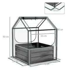 Tõstetud aiapeenar kasvuhoonekattega, mõõtudega 70 × 70 × 90 cm ja 55 cm avaga