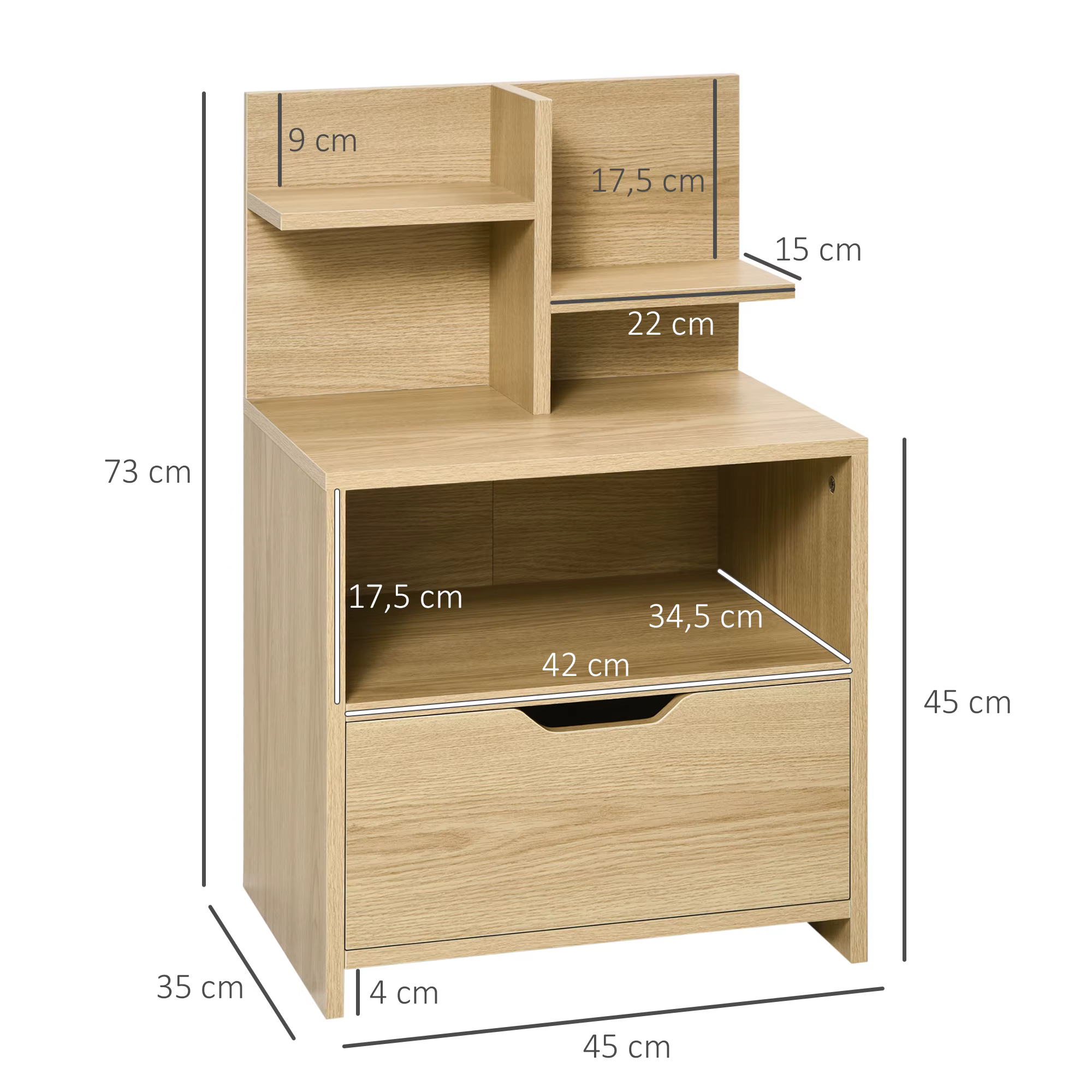 Heleda puidumustriga öökapp sahtli ja riiulitega, mõõdud 45 × 35 × 73 cm