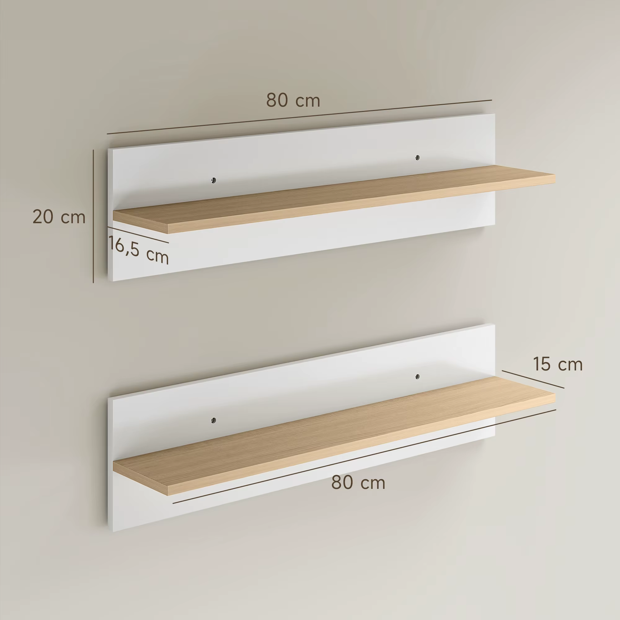 Kaks valget seinariiulit puiduvärvi riiulipinnaga, mõõtudega 80 cm, kõrgus 20 cm ja sügavus 15–16,5 cm
