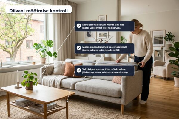 Venivad diivanikatted: mõõtmine ja paigaldus | E-pood Tootemaailm Diivani laiuse mõõtmine käetoe välisservast venivale diivanikattele