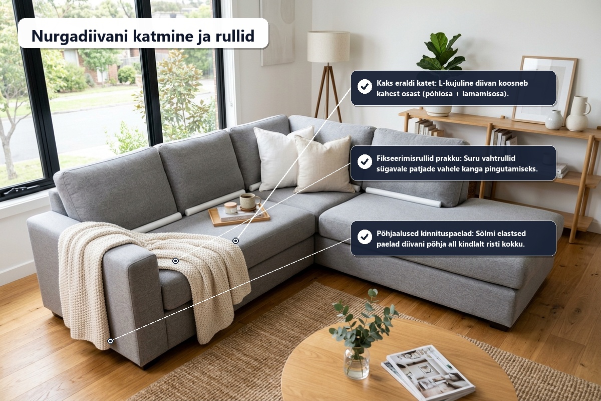 L-kujuline nurgadiivan veniva katte ja fikseerimisrullidega elutoas