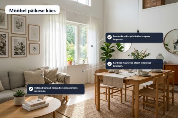 Mööbel päikeselises toas: väldi pleekimist ja kuivamist | E-pood Tootemaailm Mööbel päikese käes – puitmööbli ja diivani paigutus valgusküllases elutoas