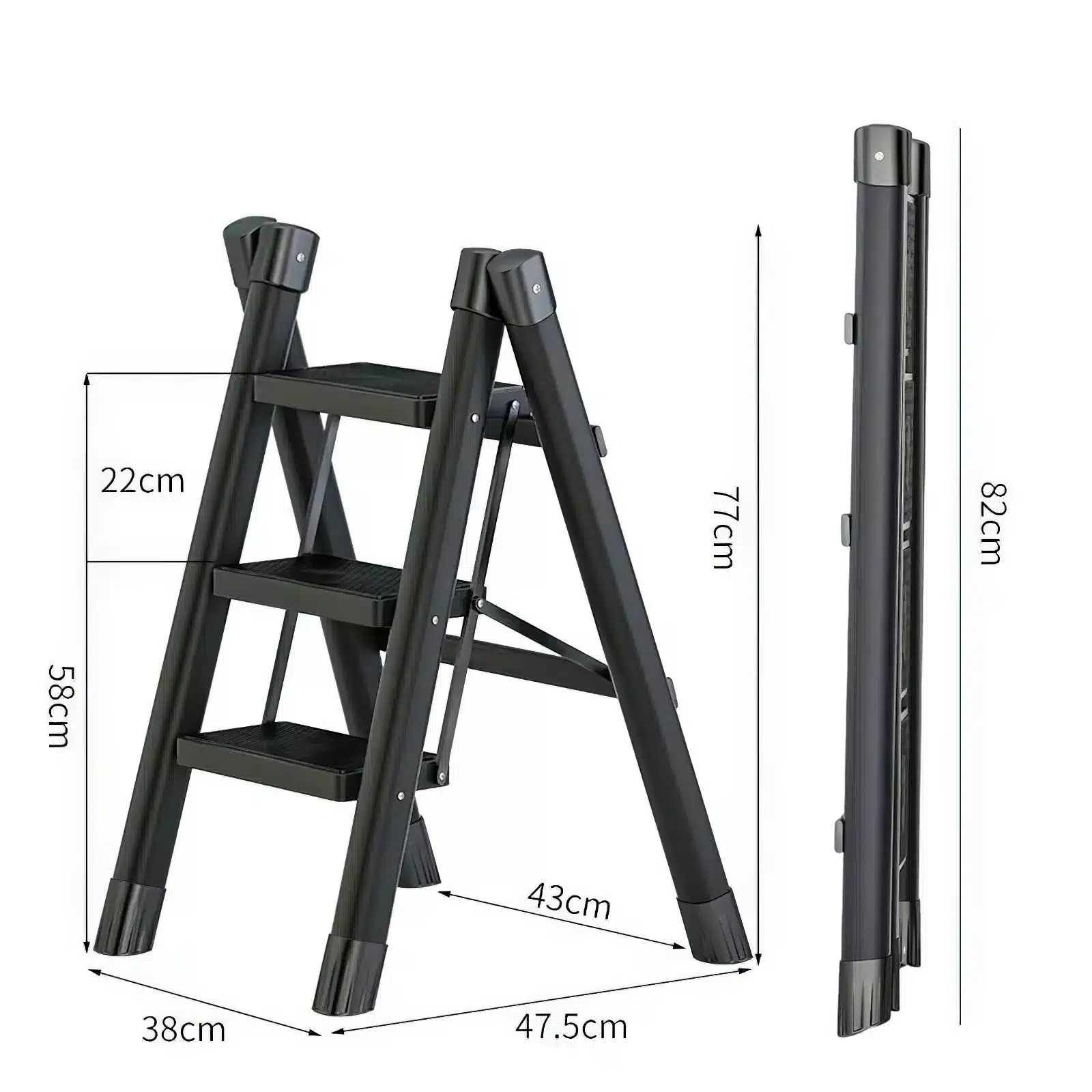 Kokkupandav 3-astmeline treppredel mõõtudega 58 cm ja 82 cm, must