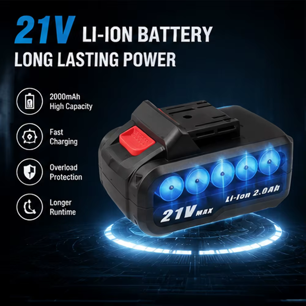 21 V MAX 2,0 Ah liitiumioonaku musta korpuse ja punase vabastusnupuga, pildil kiirlaadimise ja ülekoormuskaitse info