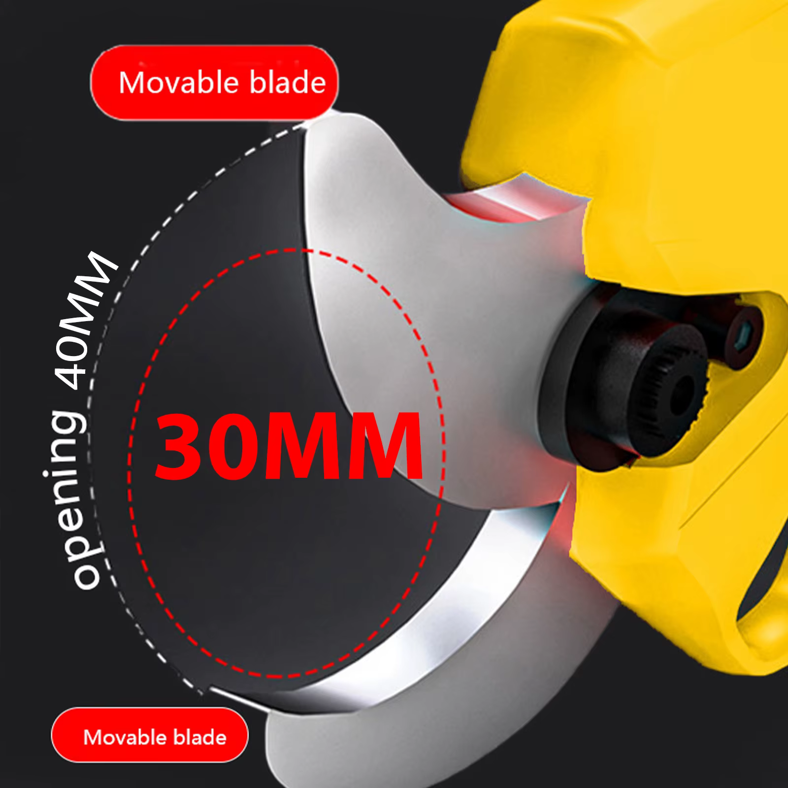 30 mm lõikelaiusega liikuva teraga lõiketööriista detailvaade, avaus 40 mm
