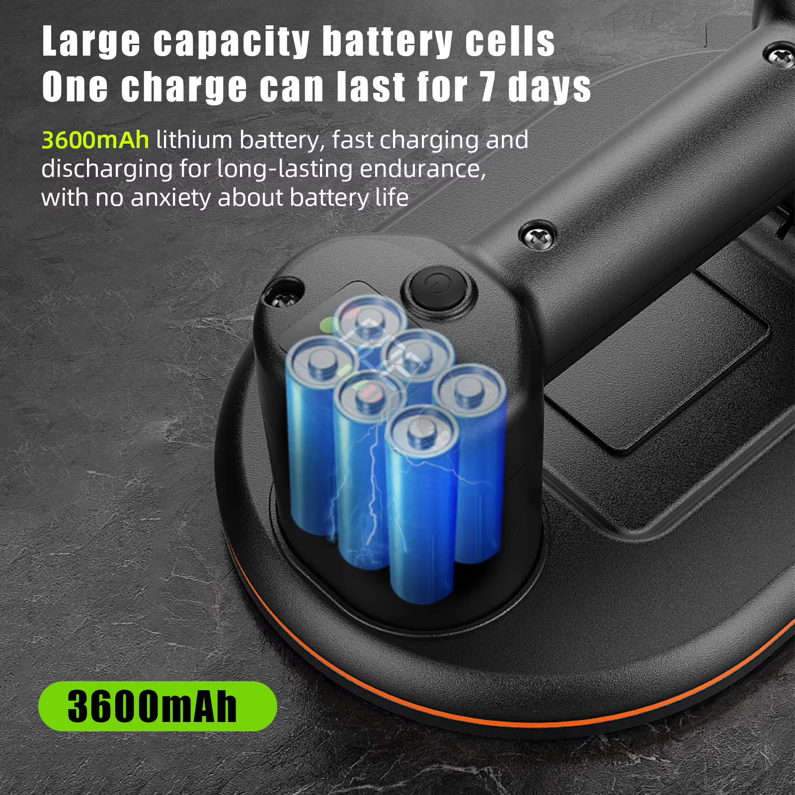 Juhtmeta seadme aku 3600 mAh liitiumakuga ja laadimisnupu detail