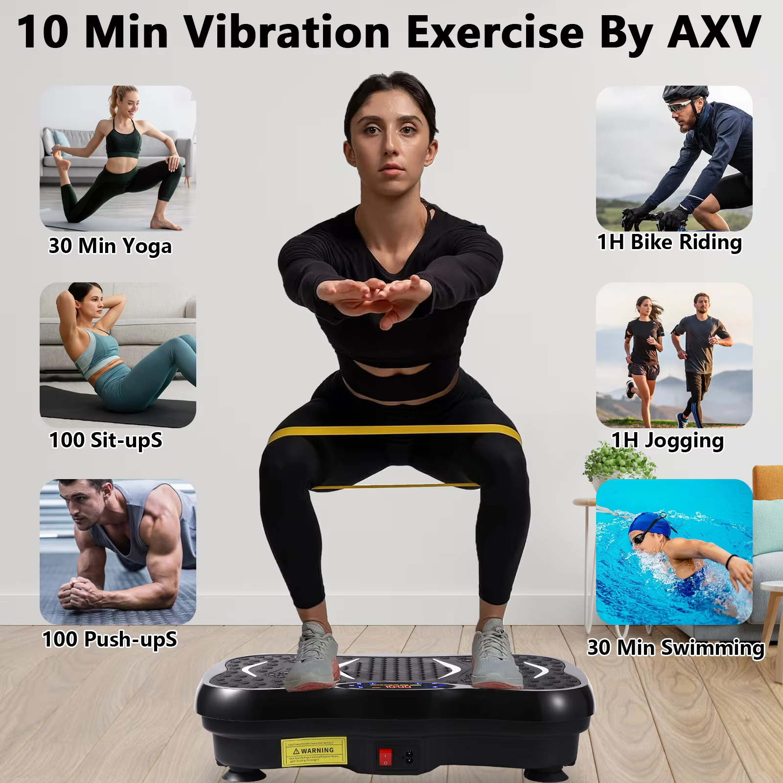 Naine teeb kodus kükki vibratsiooniplaadil, ümberringi treeningu näited ja tekst "10 Min Vibration Exercise By AXV"