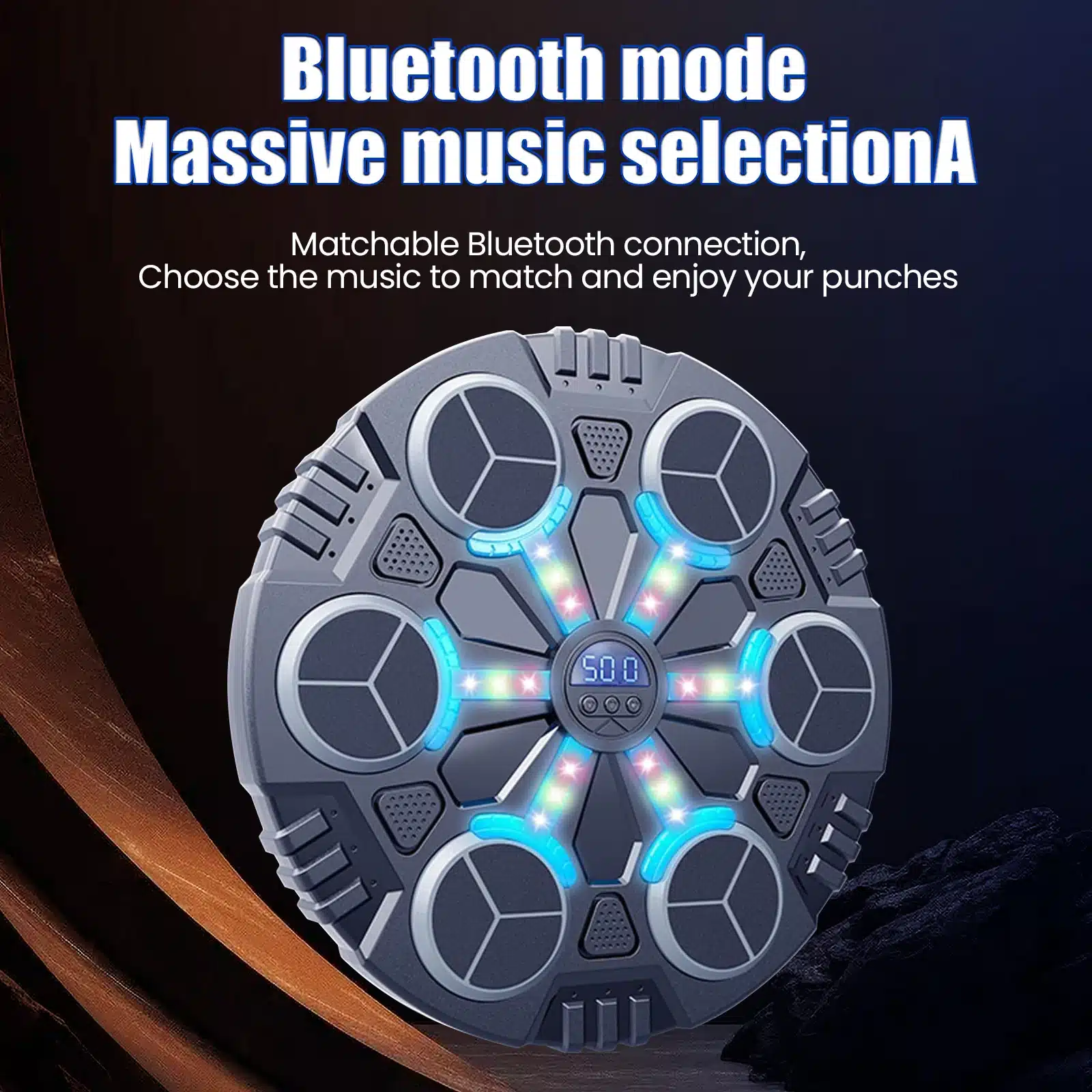 Bluetoothiga muusikaline poksitreeningu sihtmärk kuue löögialaga ja värviliste LED-tuledega