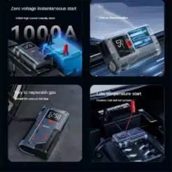 Auto käivitusabi 1000 A vooluga, digitaalse näidiku, akuklemmide ja rehvipumbaga; töökindel ka madalal temperatuuril