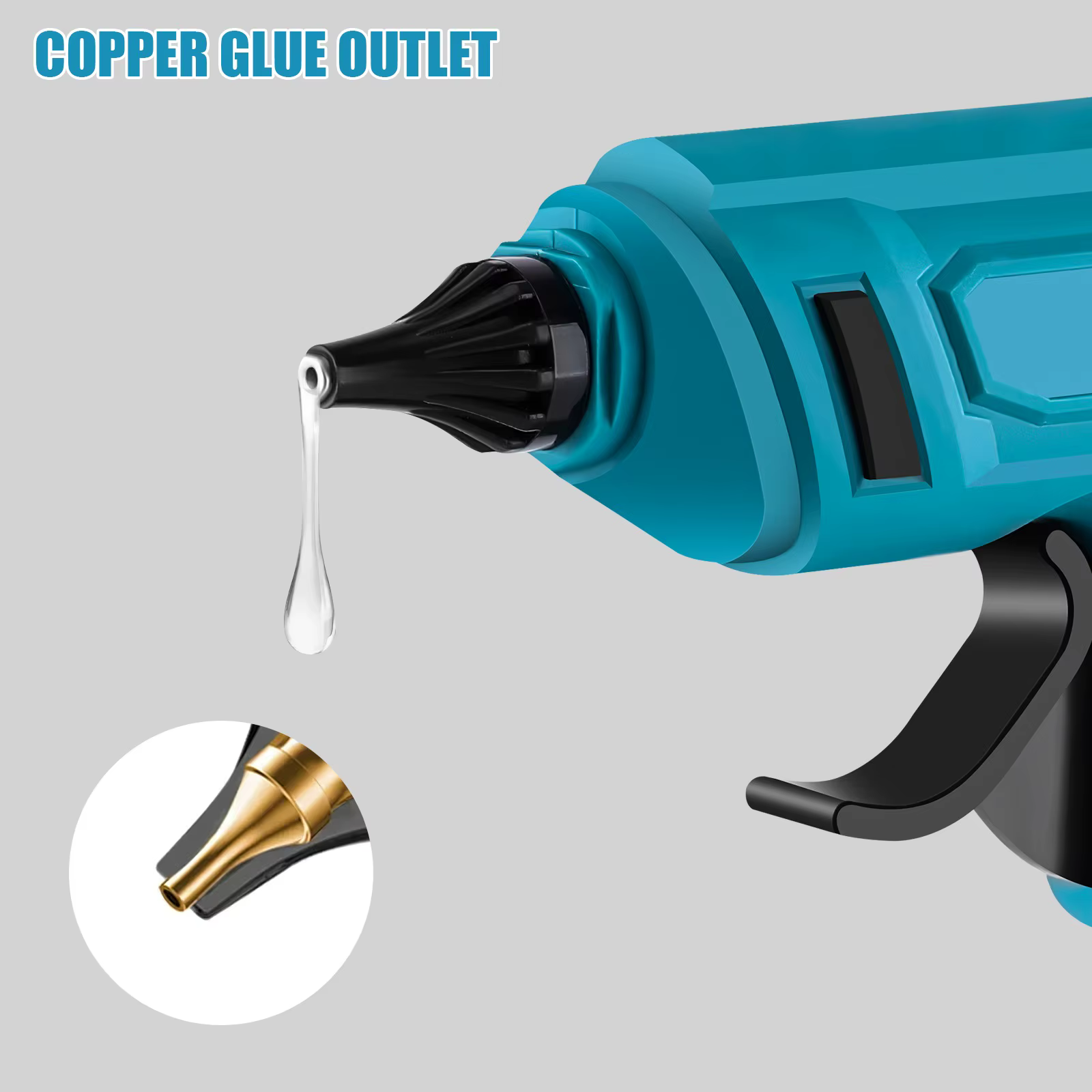 Sinine kuumliimipüstol musta otsiku ja liimipiisaga, pildil tekst "Copper Glue Outlet"