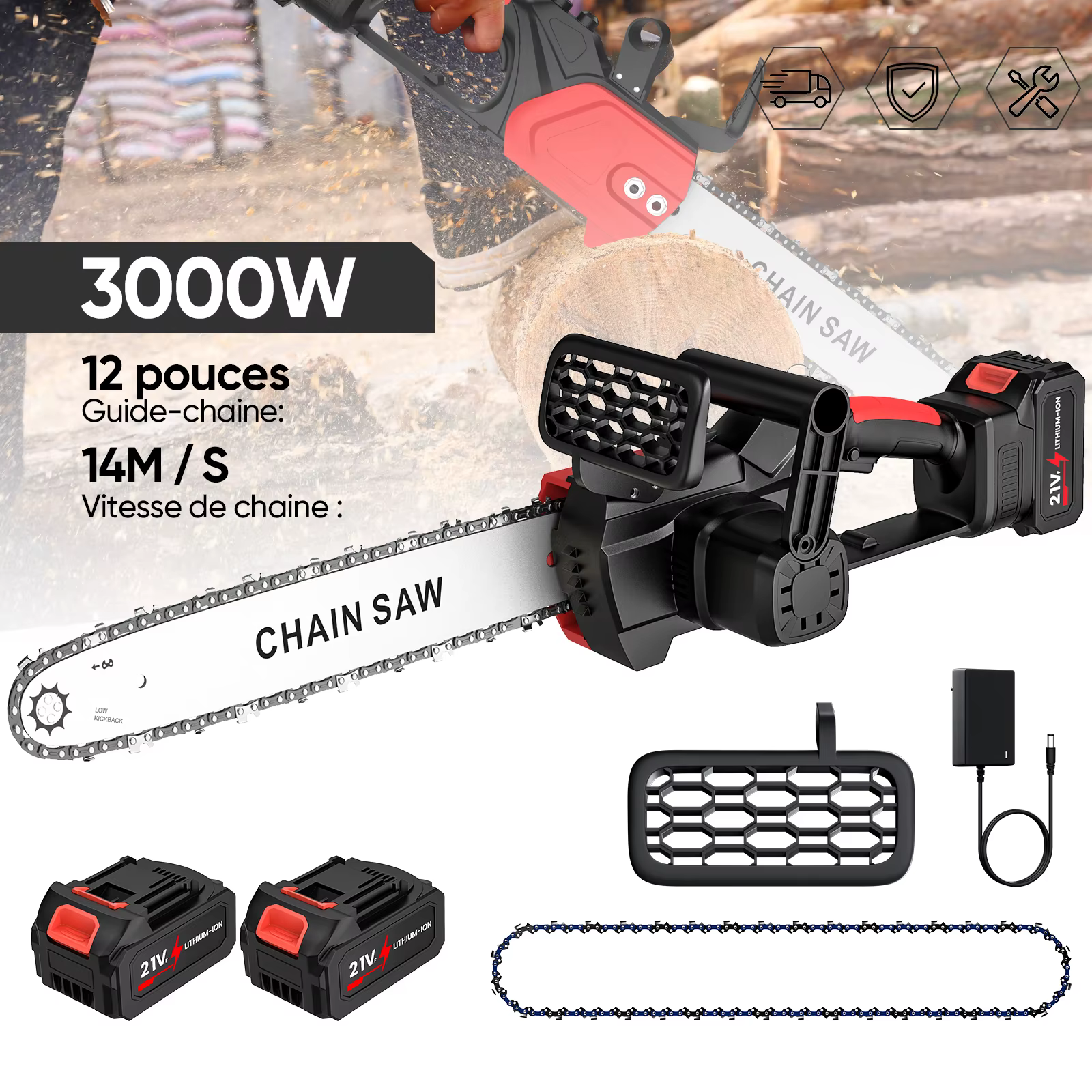 Akutoitel kettsaag 3000W, 21V akud, kett, laadija ja lisatarvikud komplektis