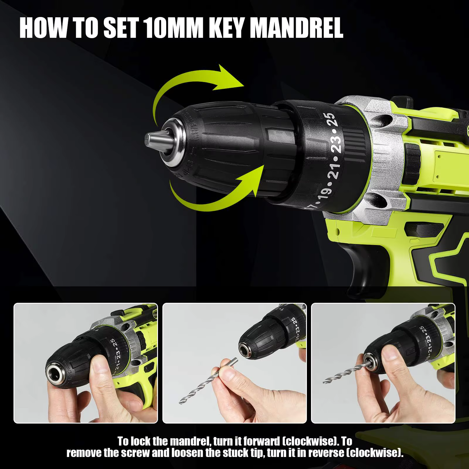 Akudrelli kiirkinnituspadruni 10 mm mandriili seadistamise juhis kolme sammuga