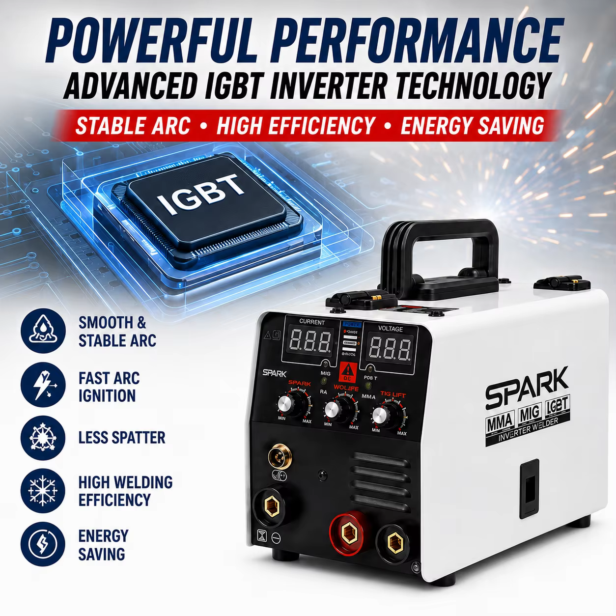 SPARK MMA MIG IGBT inverter-keevitusseade, juhtpaneeli ja käepidemega