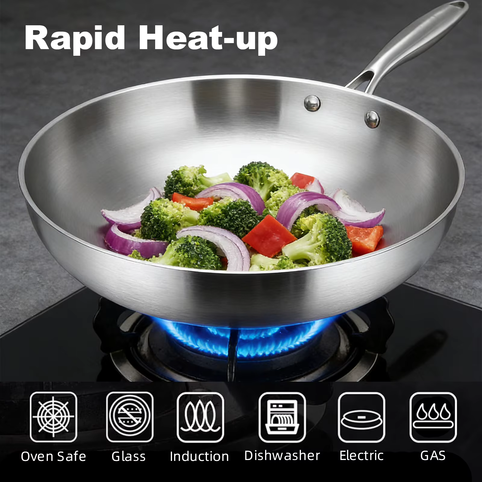 Roostevabast terasest wok-pann köögiviljadega gaasileekidel, tekstiga Rapid Heat-up