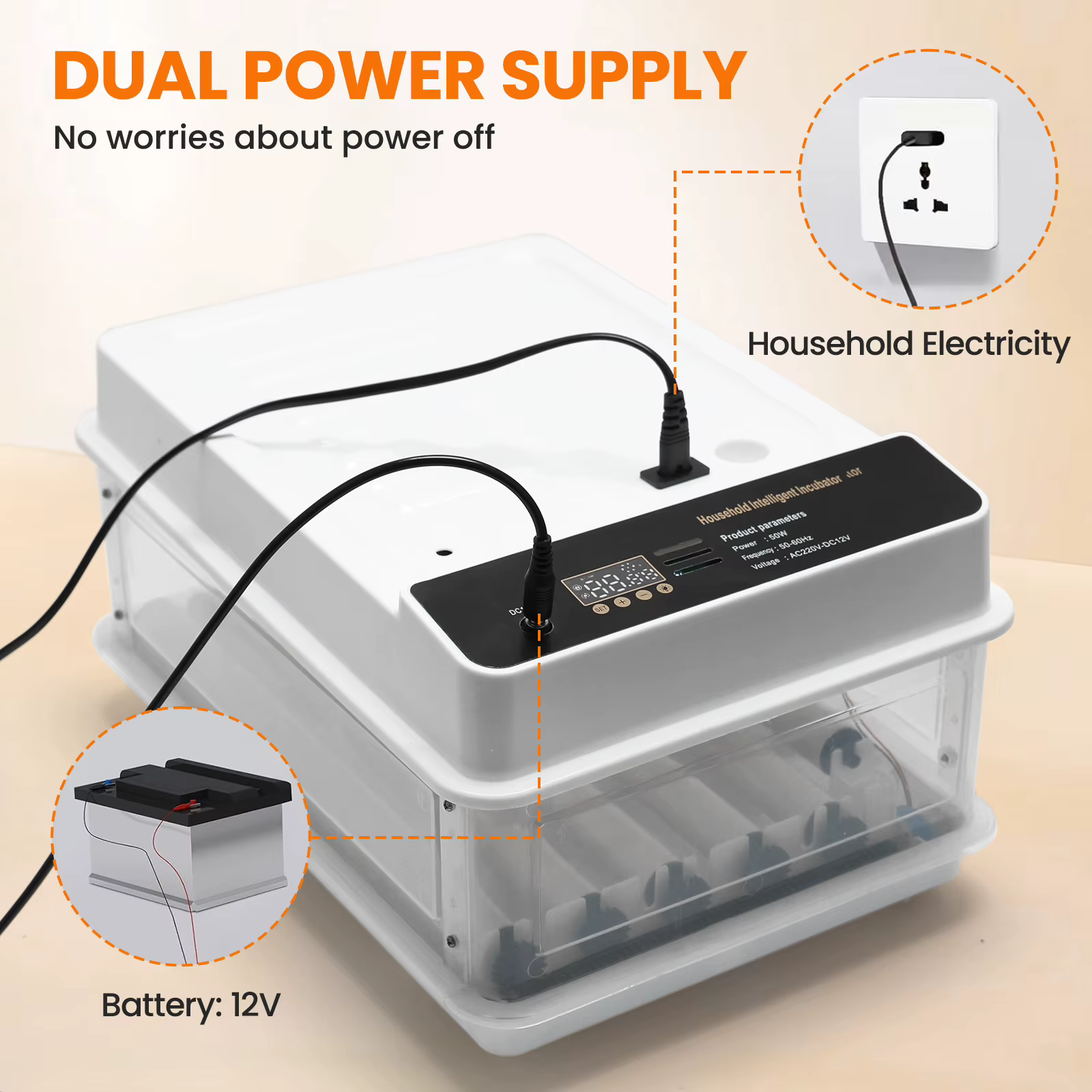 Kodune inkubaator kahe toiteallikaga: 220V vool ja 12V aku ühendus