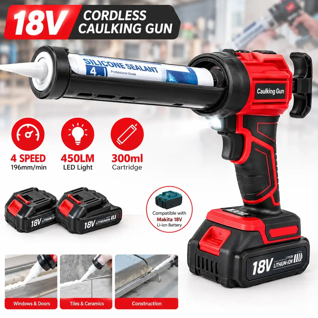 18 V juhtmevaba silikoonipüstol 300 ml padrunile, 4 kiirust, LED-valgustus ja Makita 18 V akuühilduvus