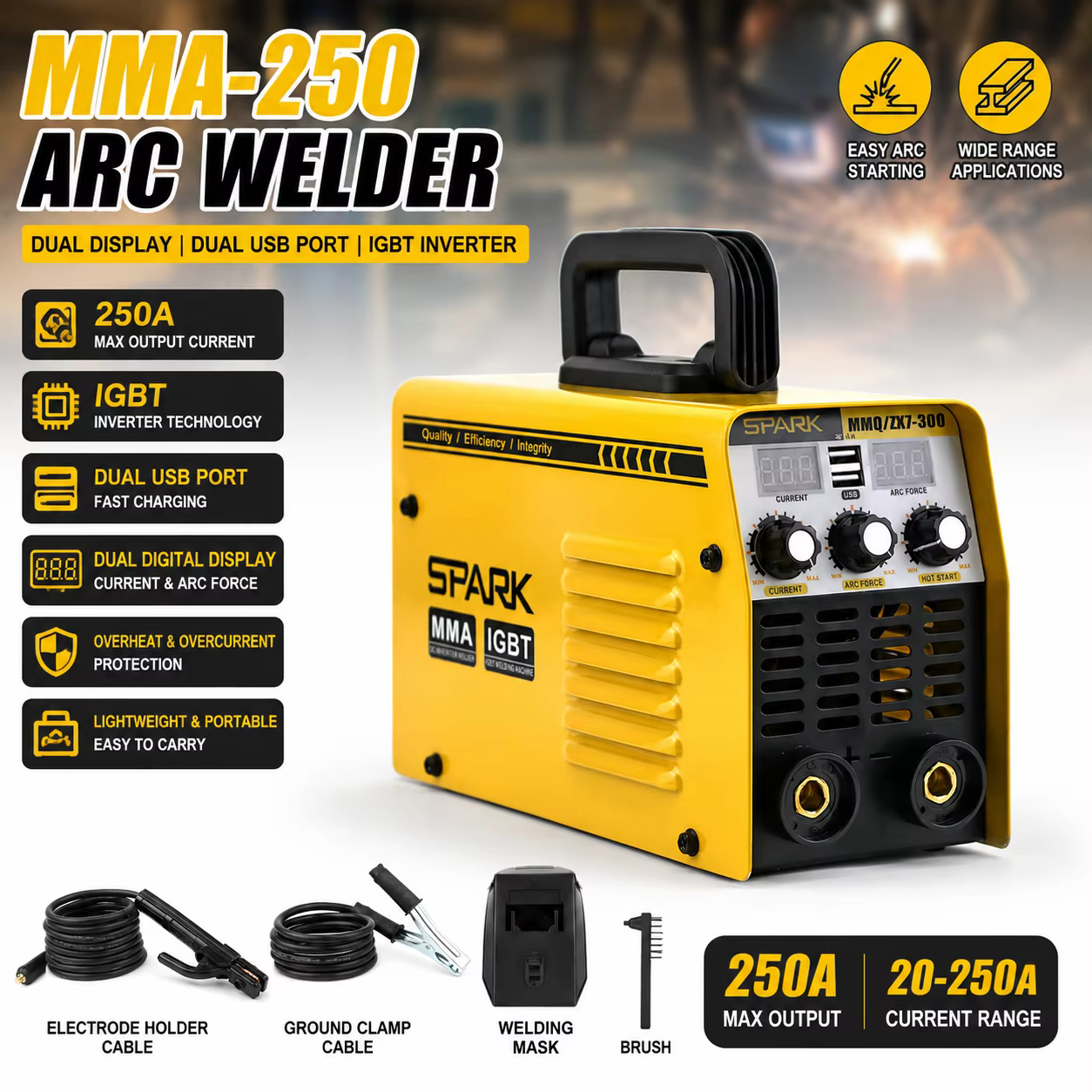 SPARK MMA-250 keevitusaparaat, 250A, IGBT inverter, topelt USB- ja digitaalnäidikuga, koos tarvikutega