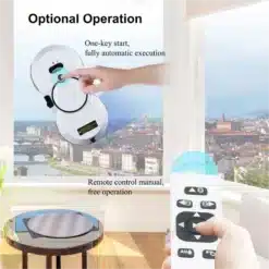 Valge aknapesurobot klaasil: käivitamine ühe nupuga ja juhtimine kaugjuhtimispuldiga.