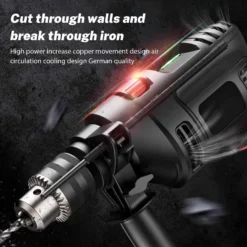 Must lööktrell metallist võtmepadruni, külgkäepideme, sügavuspiiriku ja puuriga.