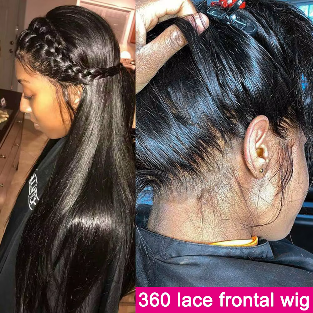 Pikk must 360 lace frontal parukas: punutisega soeng ja lähivaade kukla juuksepiirile.