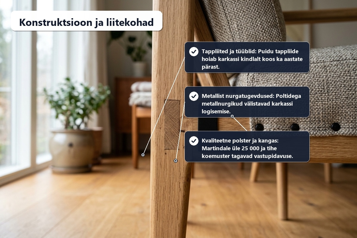 Mööbli tugev konstruktsioon, tappliide ja metallnurgad
