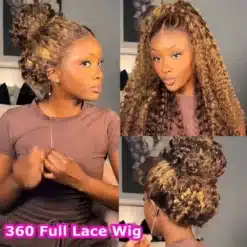 360 Full Lace Wig lokkis parukas heledate salkudega, näidatud lahtiselt ja kõrges krunnis