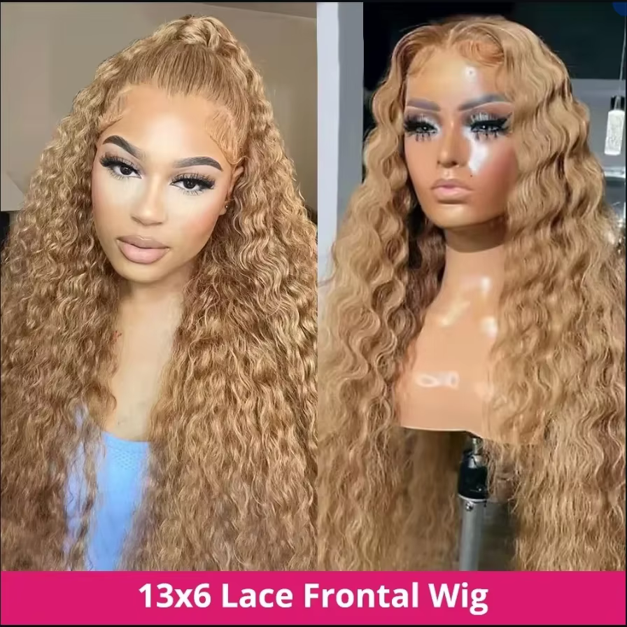 Pikk meeblond laineline 13x6 lace frontal parukas modelli peas ja mannekeenil, eestvaates.