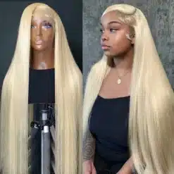 Pikk sirge heleblond parukas külgseitel, näidatud mannekeenil ja modellil.