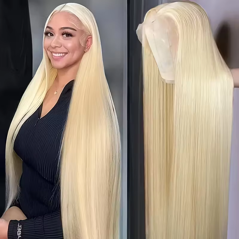 Pikk sirge heleblond pitsäärega parukas keskelt lahuga, näidatud modellil ja parukapeal.