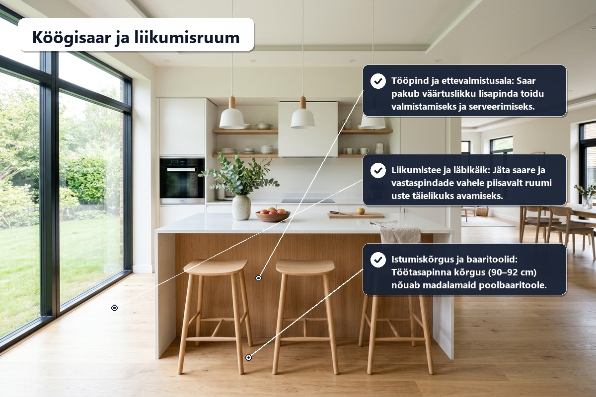 Köögisaar või söögilaud? Kui palju ruumi kumbki vajab | E-pood Tootemaailm Kaasaegne köögisaar puidust baaritoolidega ja avara liikumisalaga köögis