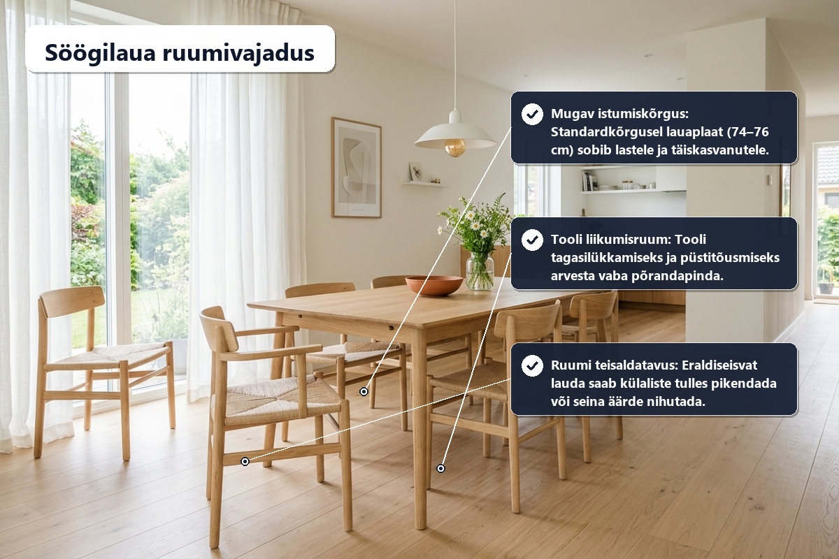 Puidust söögilaud ja toolid avatud köögis mugava liikumisruumiga