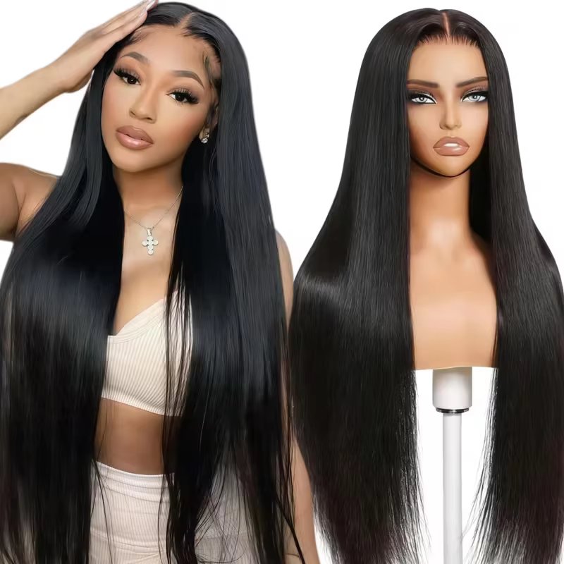 Pikk must sirge parukas keskelt lahuga, näidatud naise peas ja mannekeenil.