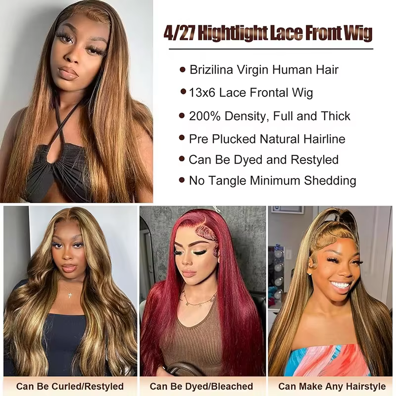 Pikk pruun kuldsete triipudega 4/27 lace front parukas, pildil ka laineline, punaseks värvitud ja hobusesabaga soeng.