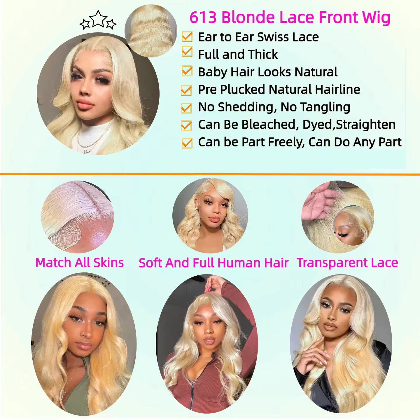 613 blond inimjuustest pitsesiosaga parukas, lainelised soengud ning läbipaistva pitsi ja juuksepiiri lähivaated